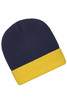 A knitted beanie in navy blue with a bright yellow cuff at the bottom, featuring a small logo.