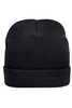 A black knitted beanie featuring a cuffed design and a logo. The fabric is suitable for cold weather.