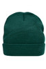 A knitted beanie in dark green with a folded cuff and textured fabric. It features a logo on the side.