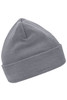 A grey knitted beanie with a folded cuff and a soft texture, featuring a small logo.