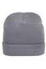 A grey knitted beanie featuring a folded brim and a snug fit, with a logo on the side.