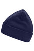 A knitted beanie in navy blue with a folded cuff, featuring a logo on its side.