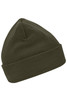 A green knitted beanie featuring Thinsulate™ insulation, with a folded cuff and a rounded top.