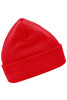 A red knitted beanie made from Thinsulate™ material, featuring a folded brim.