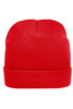 A red knitted beanie with a folded cuff, featuring a logo on the side.