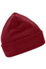 A red knitted beanie featuring a snug fit and a folded cuff. It has a simple design without any visible branding.