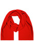 A red fleece scarf featuring a simple design, draped elegantly without any logos or branding visible.