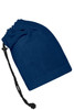 A navy blue balaclava with a drawstring for adjustment. It has a simple design and features a logo.