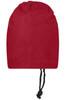 A red balaclava with a drawstring feature, presented as a clothing accessory.
