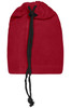 A red balaclava with a drawstring closure. The fabric appears soft and is suitable as a clothing accessory.