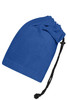 A blue balaclava made from soft fabric, featuring a drawstring for adjustment and a simple design.