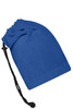 A blue balaclava with a drawstring for adjustment, featuring a smooth fabric design.