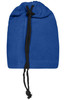 A blue balaclava with a drawstring closure, featuring a black cord. It is designed as a clothing accessory.