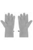 A pair of grey microfleece gloves with a smooth finish and elastic fasteners at the wrists.