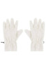 A pair of white microfleece gloves with elastic cuffs and a branding logo.