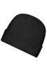 A black microfleece cap with a folded brim and a smooth texture. It has a logo on it.
