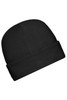 A black microfleece cap with a folded brim, featuring a simple design and a logo.