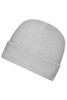 A microfleece cap in light grey, featuring a folded cuff and a smooth texture. It has a logo on it.