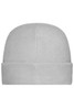 A microfleece cap in light grey with a simple design and a folded cuff, featuring a logo.
