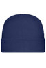 A navy blue microfleece cap featuring a folded brim and a smooth texture, with a logo on the side.