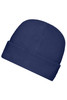 A navy microfleece cap with a folded cuff, featuring a branding logo.