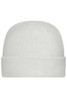 A soft white microfleece cap with a rounded top and a folded brim, featuring a logo.