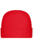 A red microfleece cap with a seamless design and a folded brim, featuring a logo on the side.