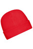 A red microfleece cap with a folded brim, featuring a branding logo.