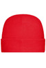 A red microfleece cap with a smooth texture and a folded cuff design. It features a logo on one side.