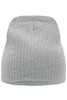 A grey ribbed beanie featuring a knitted texture and a rounded top, displaying a simple style.