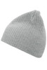 A grey ribbed beanie with a soft texture and a simple design, featuring a logo.