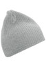 A grey ribbed beanie with a soft texture, featuring a logo on the side.
