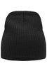 A black ribbed beanie with a smooth, rounded top and a fitted design.