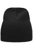 A rib beanie in black with a textured ribbed design. Features a logo on the side.