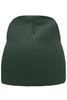 A ribbed beanie in a dark green colour, featuring a seamless design and a branded logo.