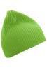 A bright green ribbed beanie with a soft texture, featuring a rounded top. It has a branding logo.