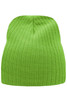 A bright green ribbed beanie with a snug fit and textured fabric. It features a logo.