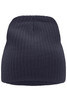 A ribbed beanie in a dark navy colour with a soft texture and a fitted design. It features a branding label.