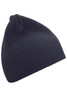 A navy ribbed beanie with a soft knit texture and a simple design. It features a small logo on the side.