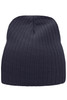 A navy ribbed beanie with a soft texture and a simple design. It features a logo on one side.