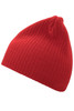 A red ribbed beanie is displayed, featuring a snug fit and a textured surface. It has a small branding logo.