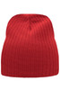 A red ribbed beanie with a fitted design and a logo on the side.