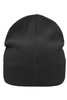 A black knitted beanie with a fleece inset, featuring a ribbed design and a logo on the side.