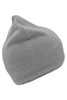 A grey knitted beanie with a fleece inset, featuring a logo.