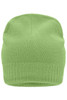 A green knitted beanie featuring a fleece inset at the interior and ribbed cuff. It has a logo on the side.