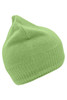 A green knitted beanie featuring a fleece inset and a logo. The beanie has a pointed top.