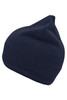 A navy knitted beanie with a fleece inset, featuring a snug fit and a tapered top. It has a logo on it.