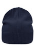 A navy knitted beanie featuring a fleece inset, displayed from the back. It has a ribbed texture and a logo.