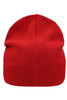 A red knitted beanie with a fleece inset. Features a ribbed cuff at the base. Includes a logo.