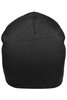 A black cotton beanie featuring a seamless design and a single-colour finish. It has a simple branding logo.
